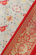 Grey Digital Printed Patola Design Tussar Silk Fabric With Banarasi Border ( 1 Mtr ) - Luxurion World