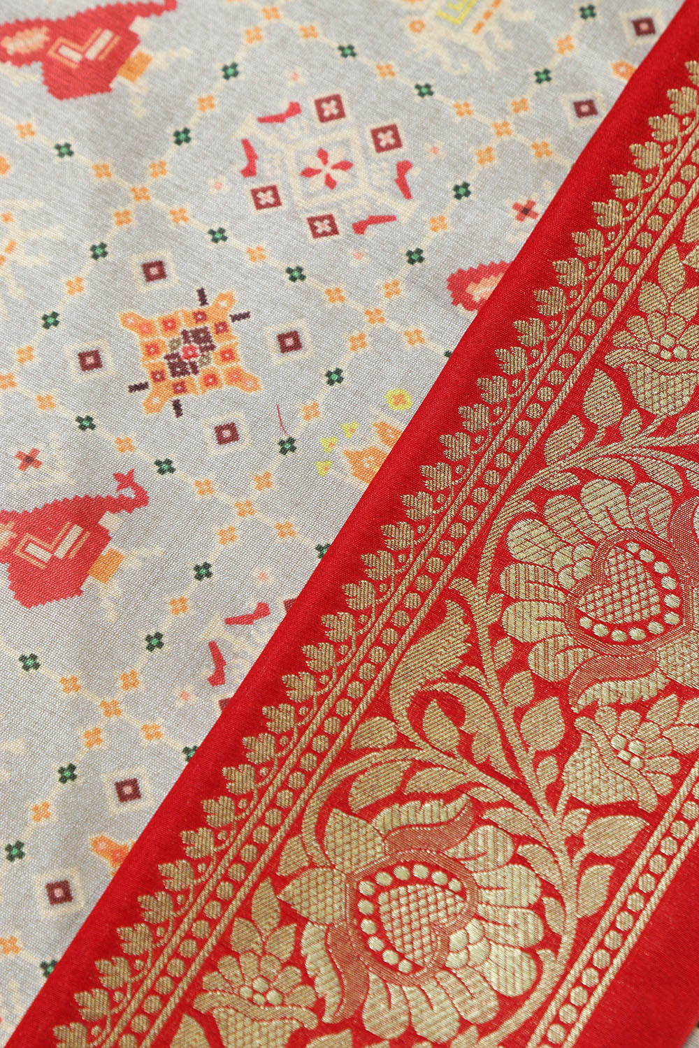 Grey Digital Printed Patola Design Tussar Silk Fabric With Banarasi Border ( 1 Mtr ) - Luxurion World