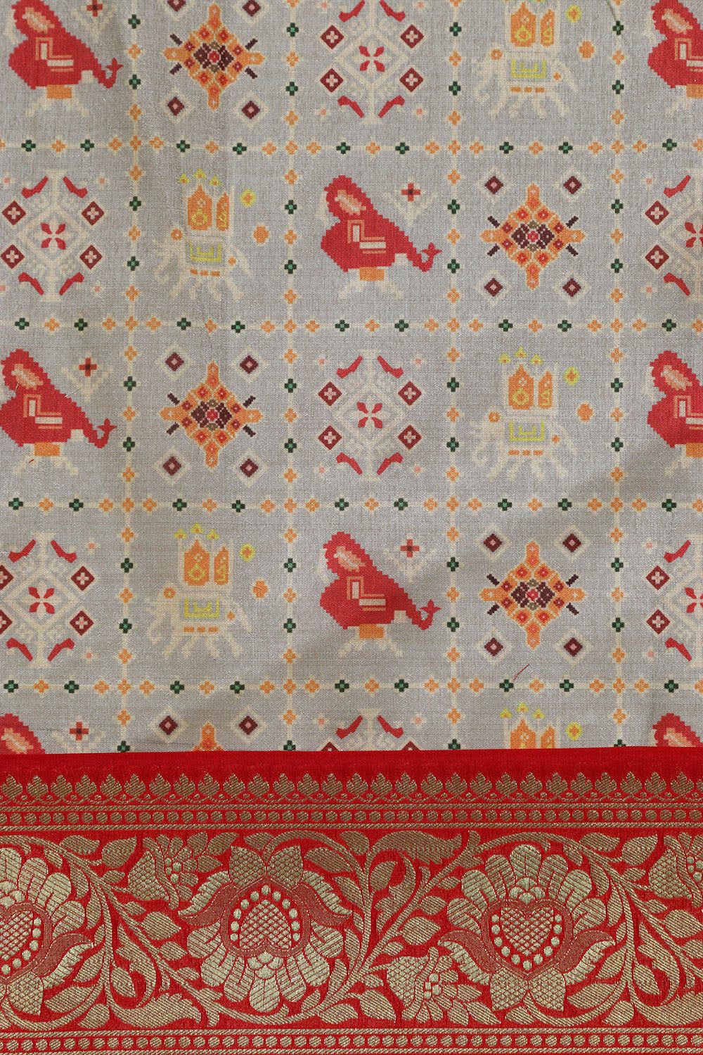 Grey Digital Printed Patola Design Tussar Silk Fabric With Banarasi Border ( 1 Mtr ) - Luxurion World