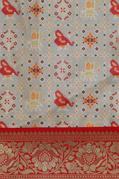 Grey Digital Printed Patola Design Tussar Silk Fabric With Banarasi Border ( 1 Mtr ) - Luxurion World