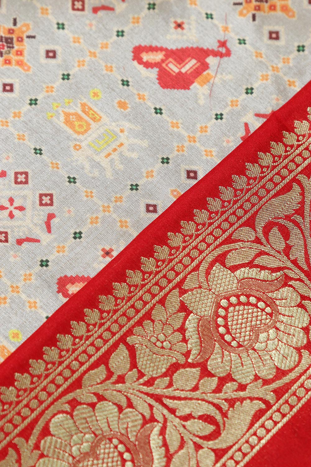 Grey Digital Printed Patola Design Tussar Silk Fabric With Banarasi Border ( 1 Mtr ) - Luxurion World