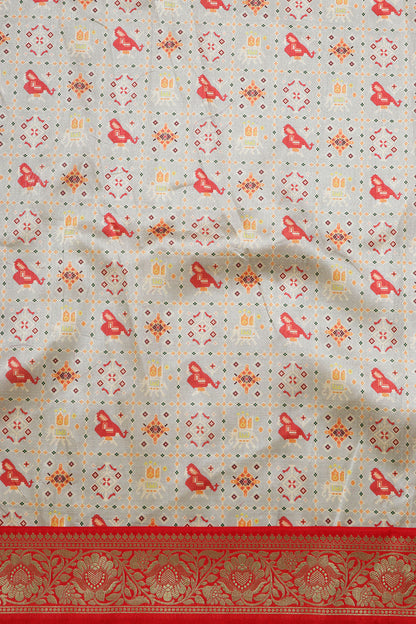 Grey Digital Printed Patola Design Tussar Silk Fabric With Banarasi Border ( 1 Mtr ) - Luxurion World