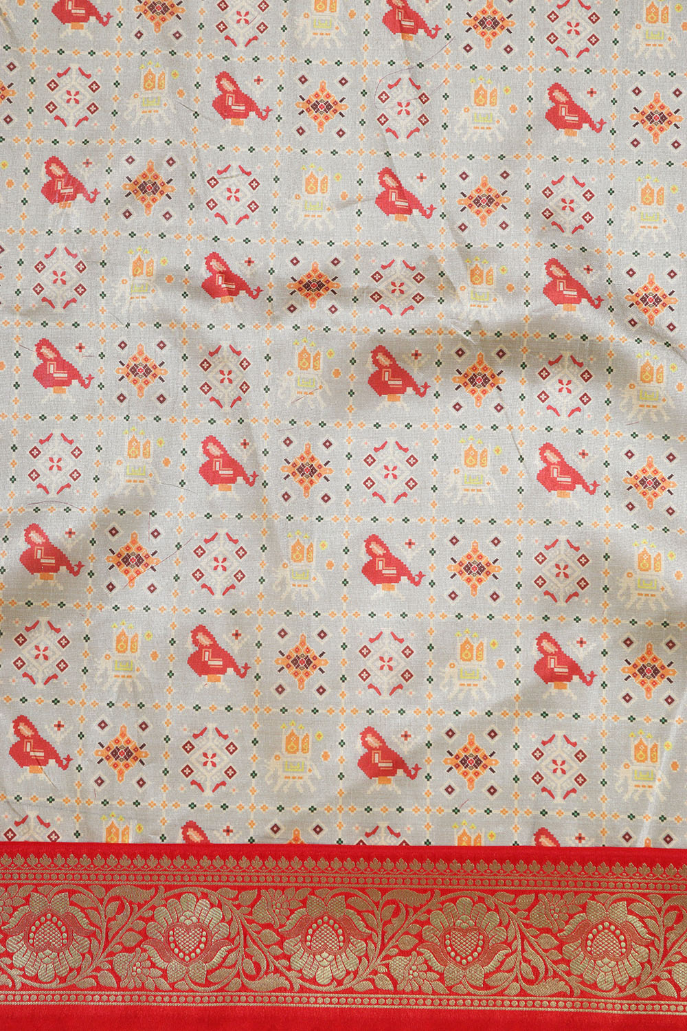 Grey Digital Printed Patola Design Tussar Silk Fabric With Banarasi Border ( 1 Mtr ) - Luxurion World