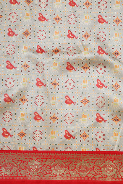 Grey Digital Printed Patola Design Tussar Silk Fabric With Banarasi Border ( 1 Mtr ) - Luxurion World