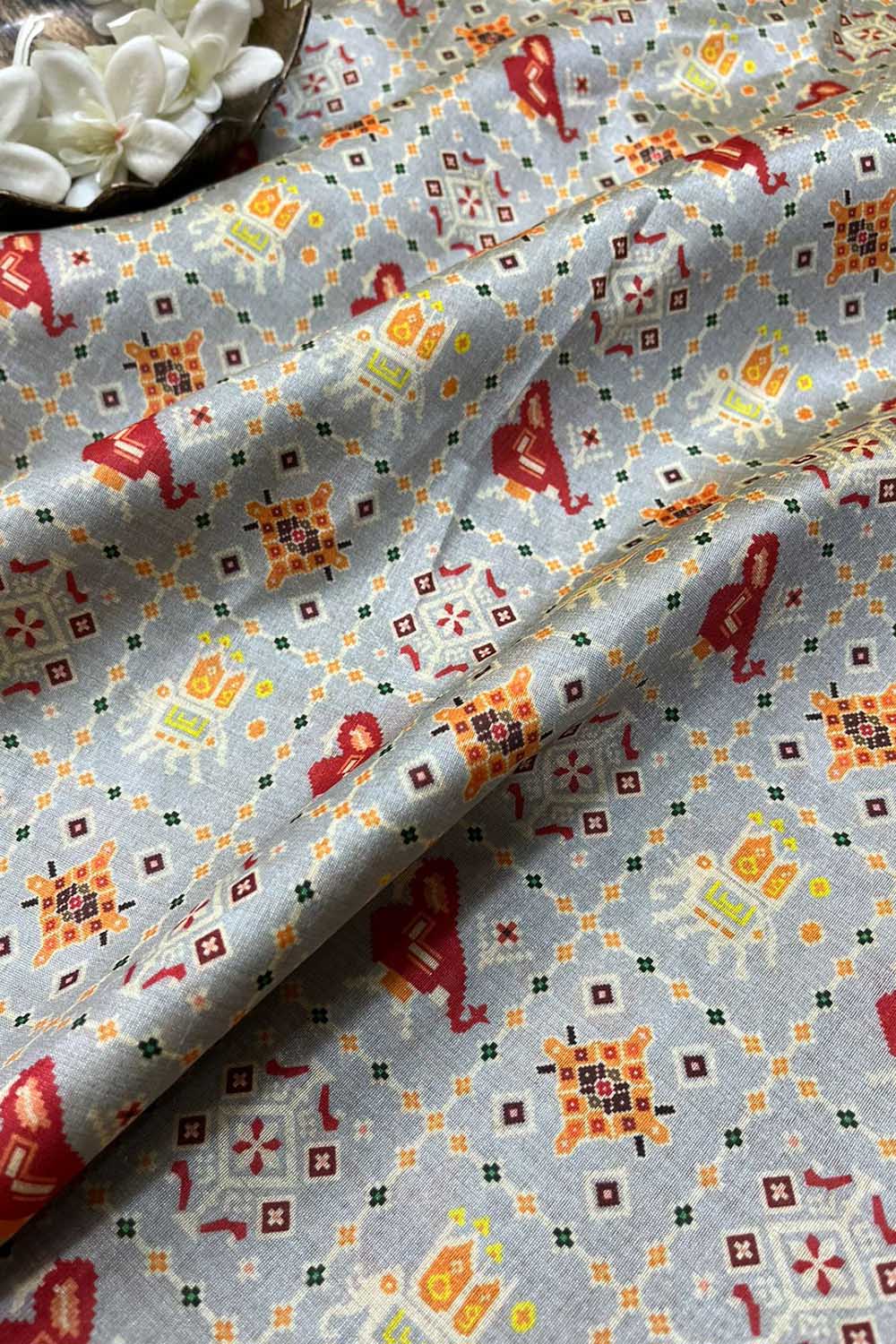 Grey Digital Printed Patola Design Tussar Silk Fabric ( 1 Mtr ) - Luxurion World