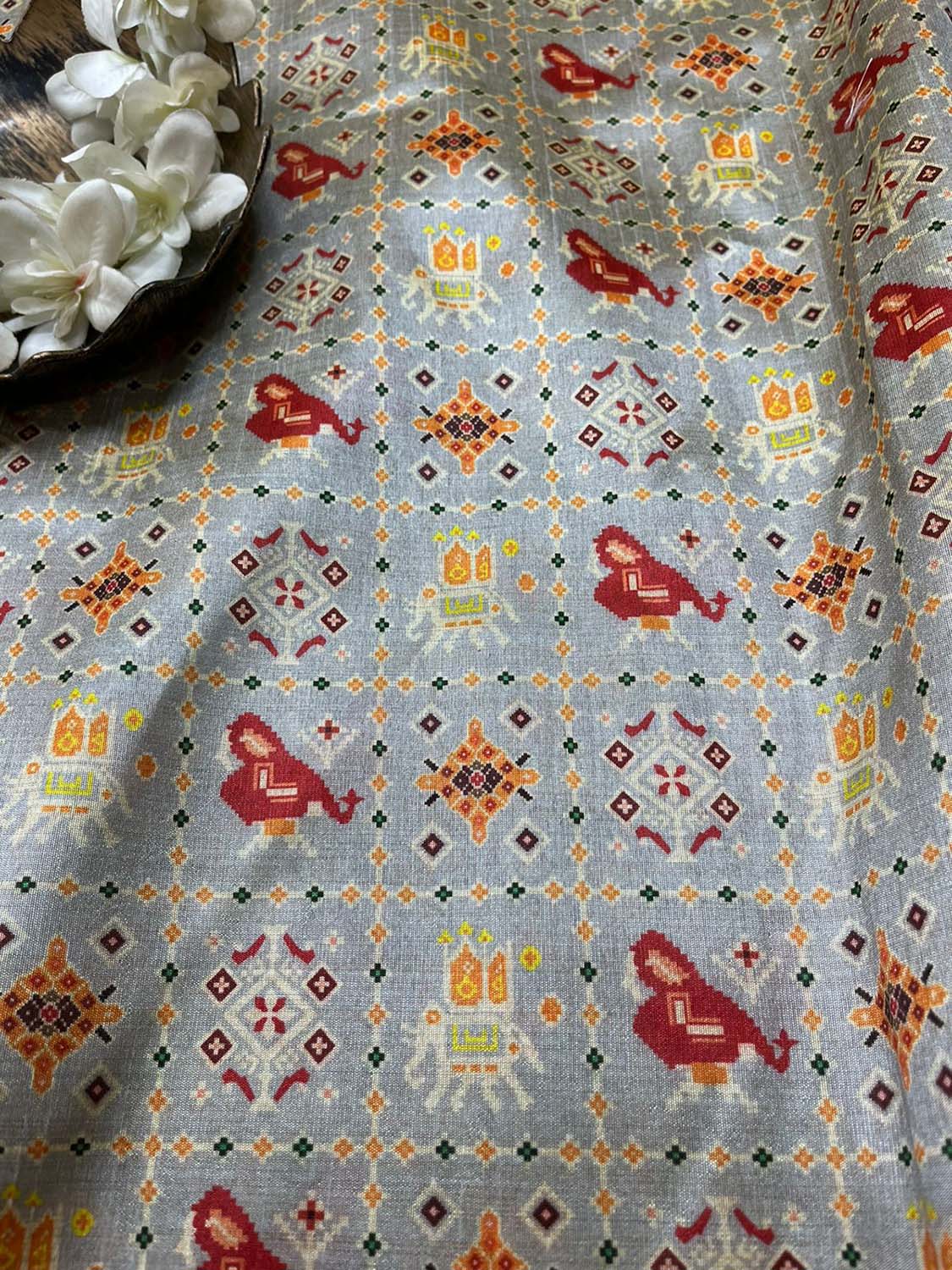Grey Digital Printed Patola Design Tussar Silk Fabric ( 1 Mtr ) - Luxurion World