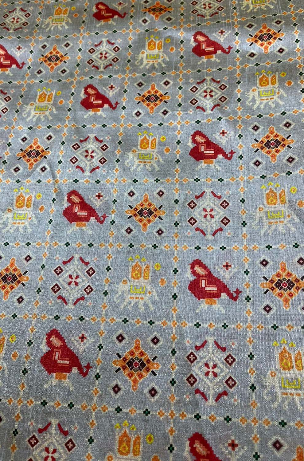 Grey Digital Printed Patola Design Tussar Silk Fabric ( 1 Mtr ) - Luxurion World