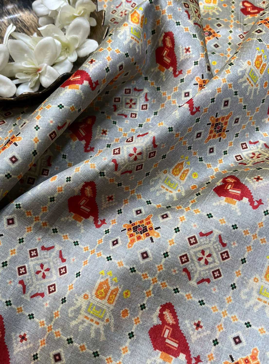 Grey Digital Printed Patola Design Tussar Silk Fabric ( 1 Mtr ) - Luxurion World