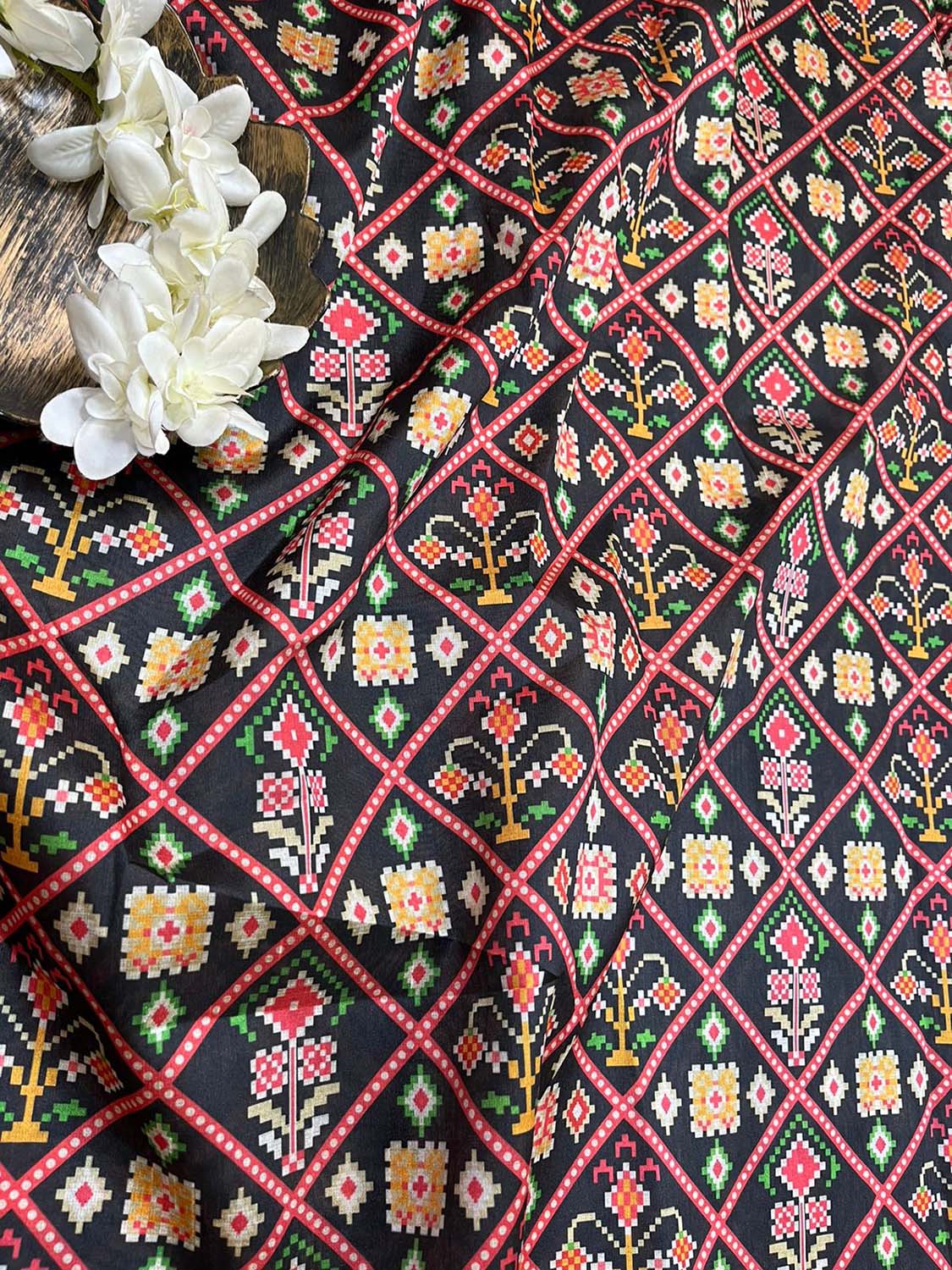 Black Digital Printed Patola Design Tussar Silk Fabric ( 1 Mtr ) - Luxurion World