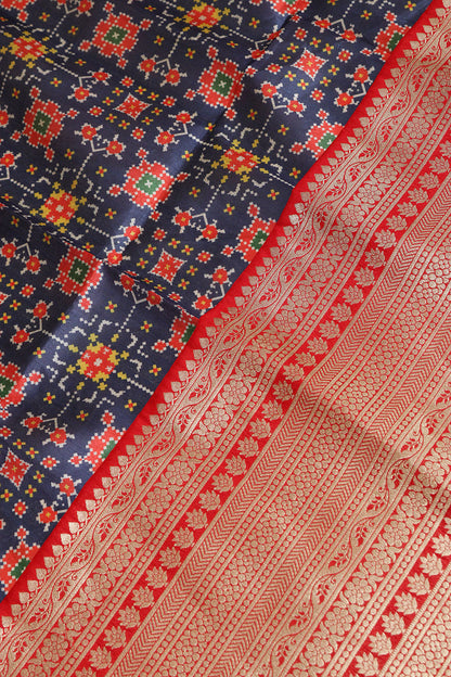 Blue Digital Printed Patola Design Tussar Silk Fabric With Banarasi Border ( 1 Mtr ) - Luxurion World