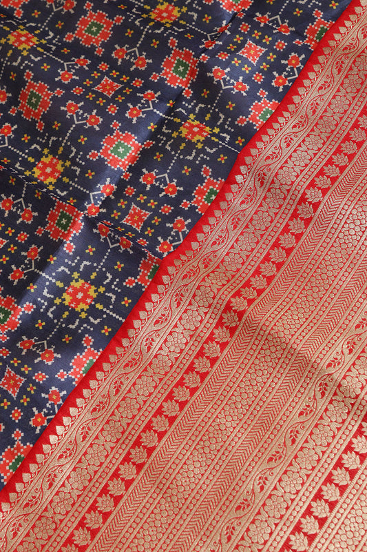 Blue Digital Printed Patola Design Tussar Silk Fabric With Banarasi Border ( 1 Mtr ) - Luxurion World