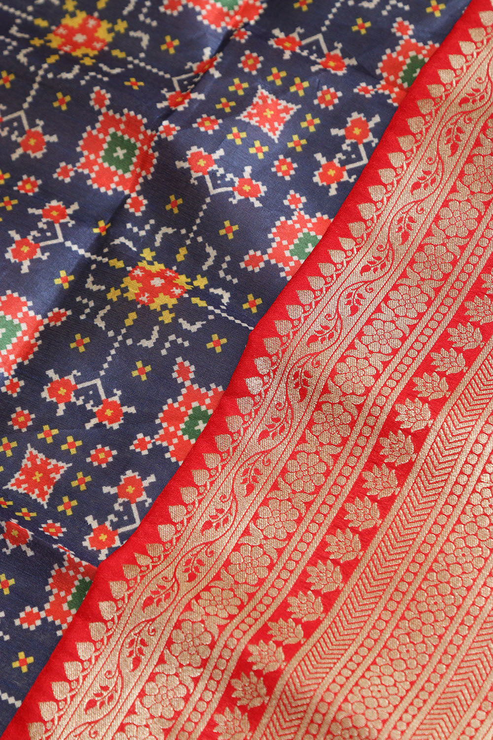 Blue Digital Printed Patola Design Tussar Silk Fabric With Banarasi Border ( 1 Mtr ) - Luxurion World