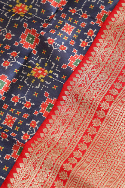 Blue Digital Printed Patola Design Tussar Silk Fabric With Banarasi Border ( 1 Mtr ) - Luxurion World