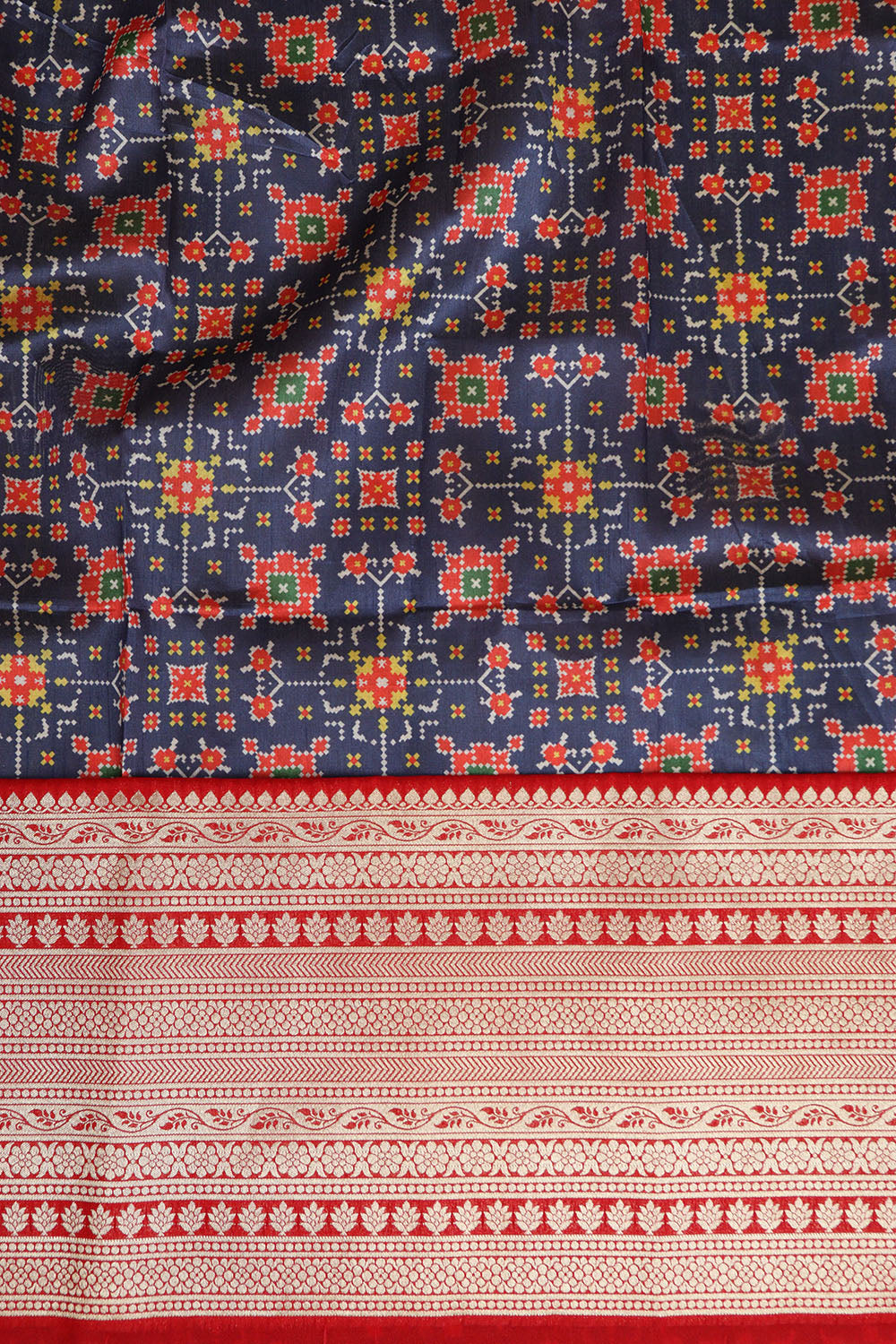 Blue Digital Printed Patola Design Tussar Silk Fabric With Banarasi Border ( 1 Mtr ) - Luxurion World