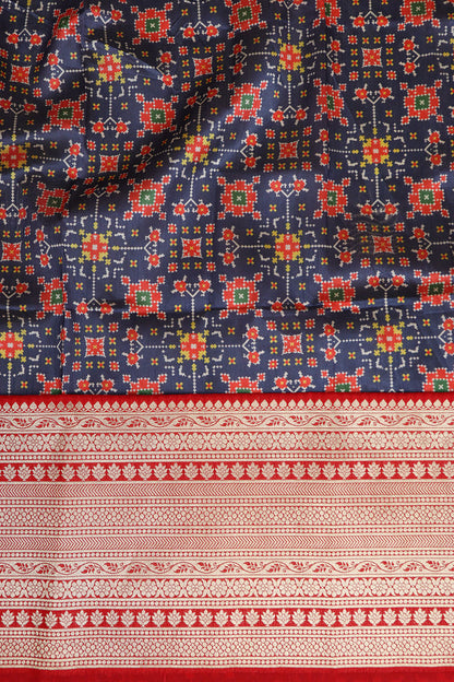 Blue Digital Printed Patola Design Tussar Silk Fabric With Banarasi Border ( 1 Mtr ) - Luxurion World