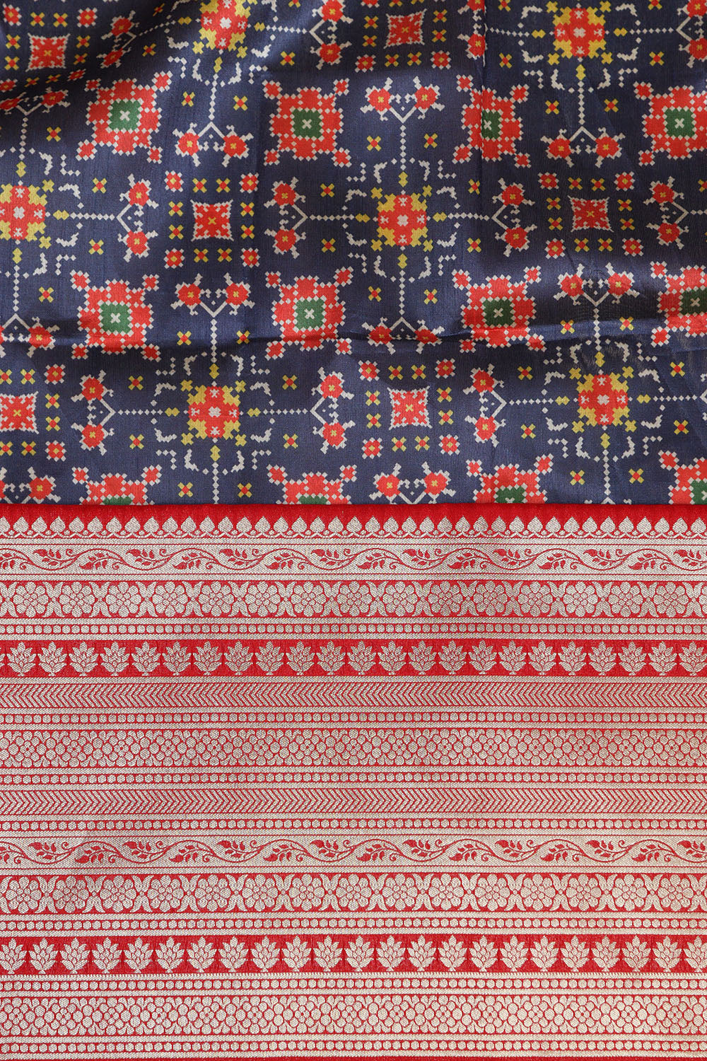 Blue Digital Printed Patola Design Tussar Silk Fabric With Banarasi Border ( 1 Mtr ) - Luxurion World