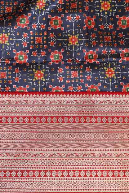 Blue Digital Printed Patola Design Tussar Silk Fabric With Banarasi Border ( 1 Mtr ) - Luxurion World