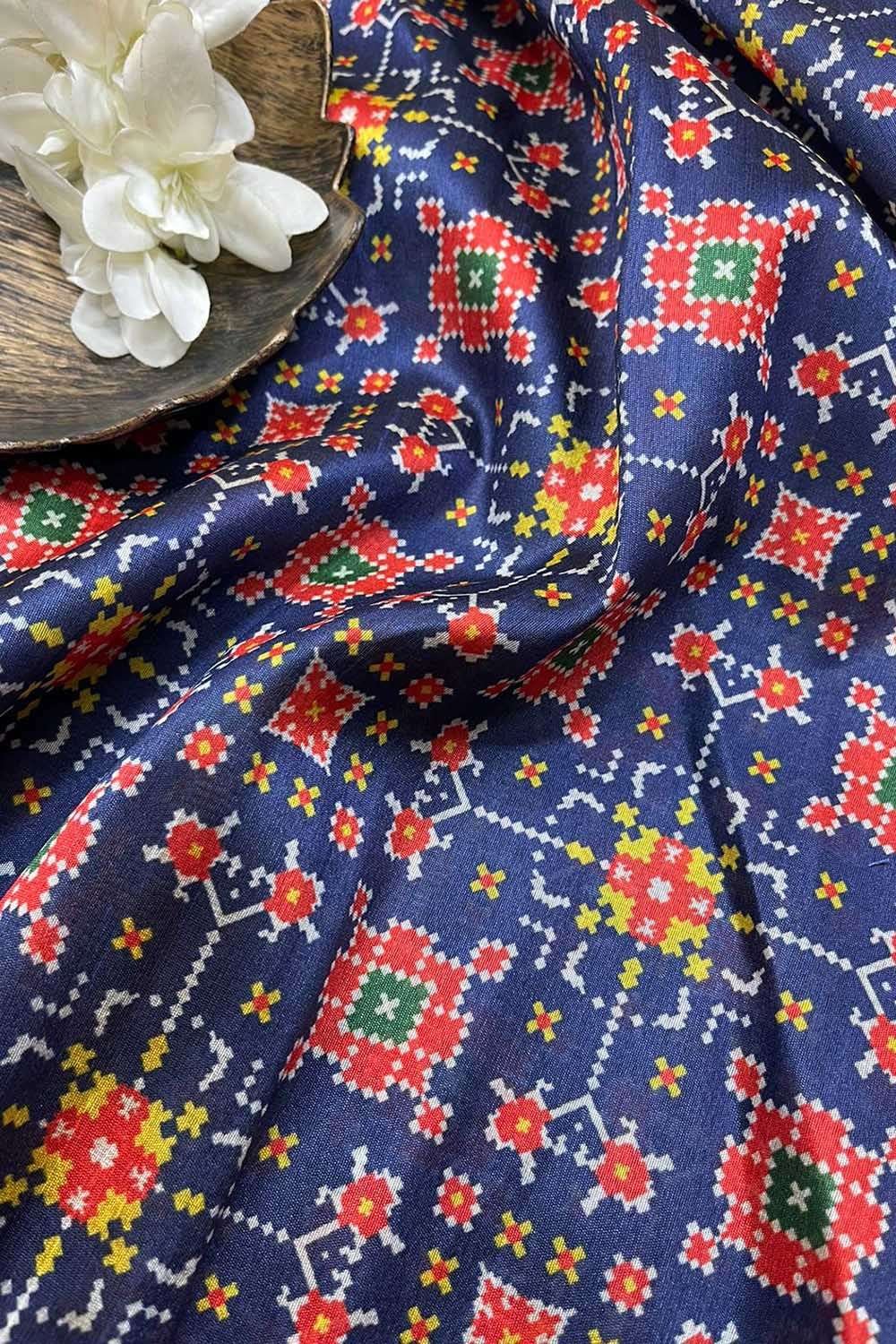 Blue Digital Printed Patola Design Tussar Silk Fabric ( 3.75Mtr ) - Luxurion World