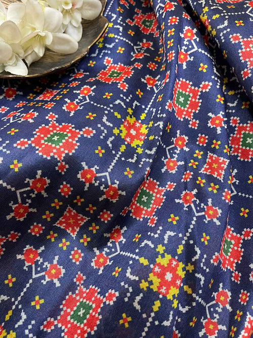 Blue Digital Printed Patola Design Tussar Silk Fabric ( 3.75Mtr ) - Luxurion World