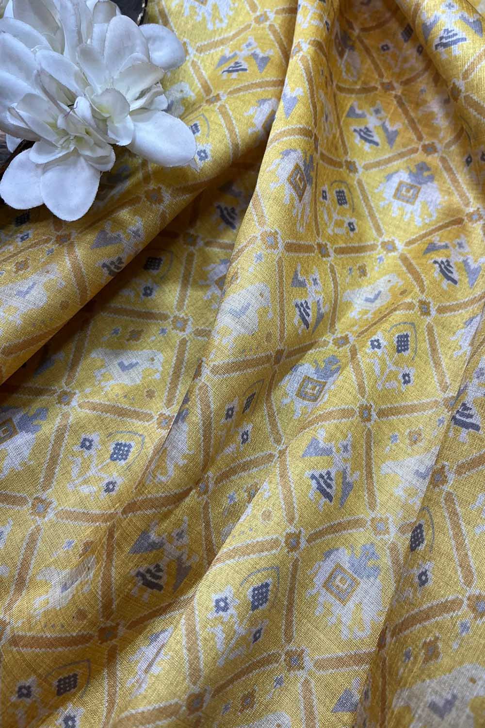 Yellow Digital Printed Patola Design Tussar Silk Fabric ( 1 Mtr ) - Luxurion World