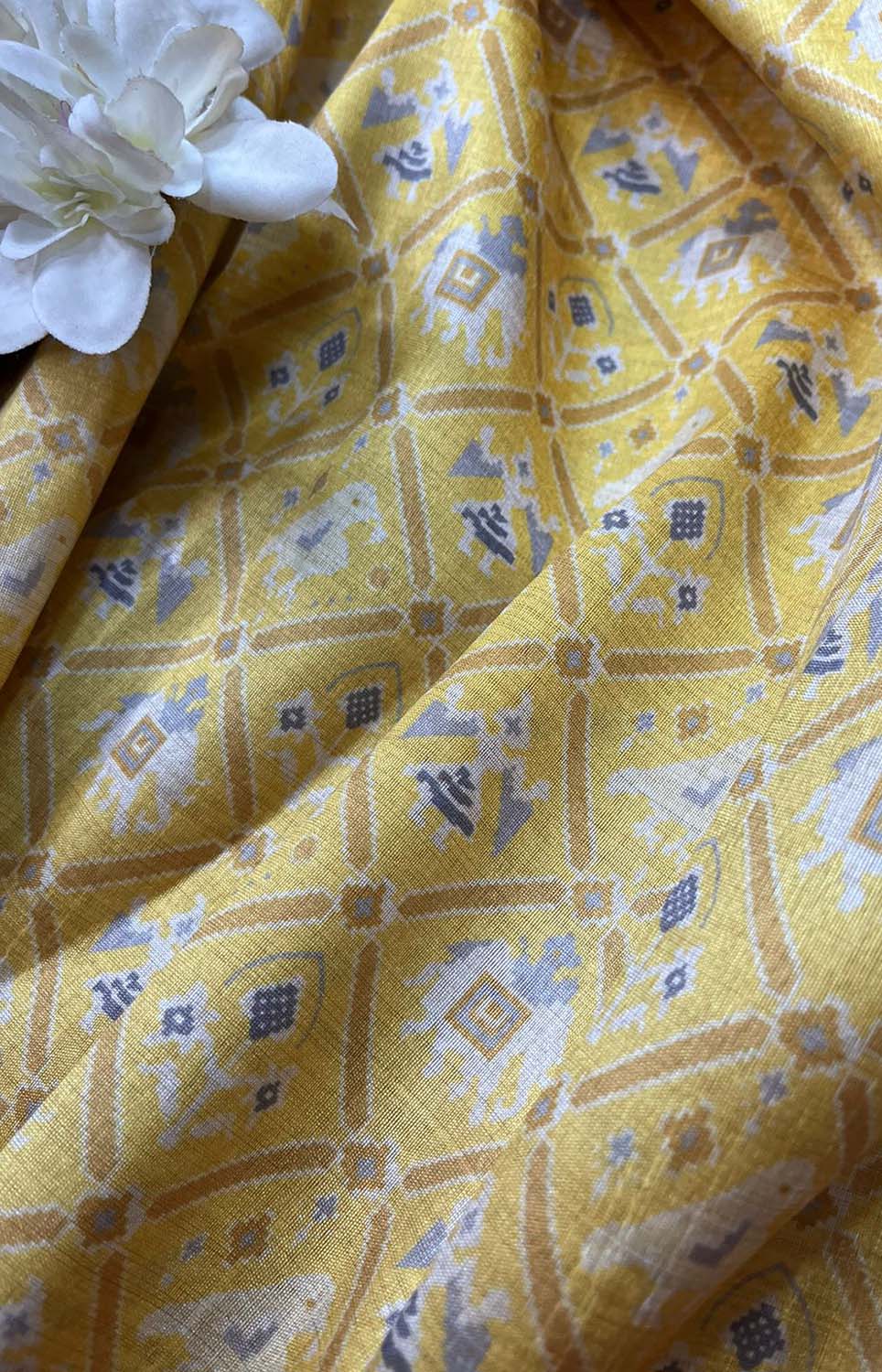 Yellow Digital Printed Patola Design Tussar Silk Fabric ( 1 Mtr ) - Luxurion World