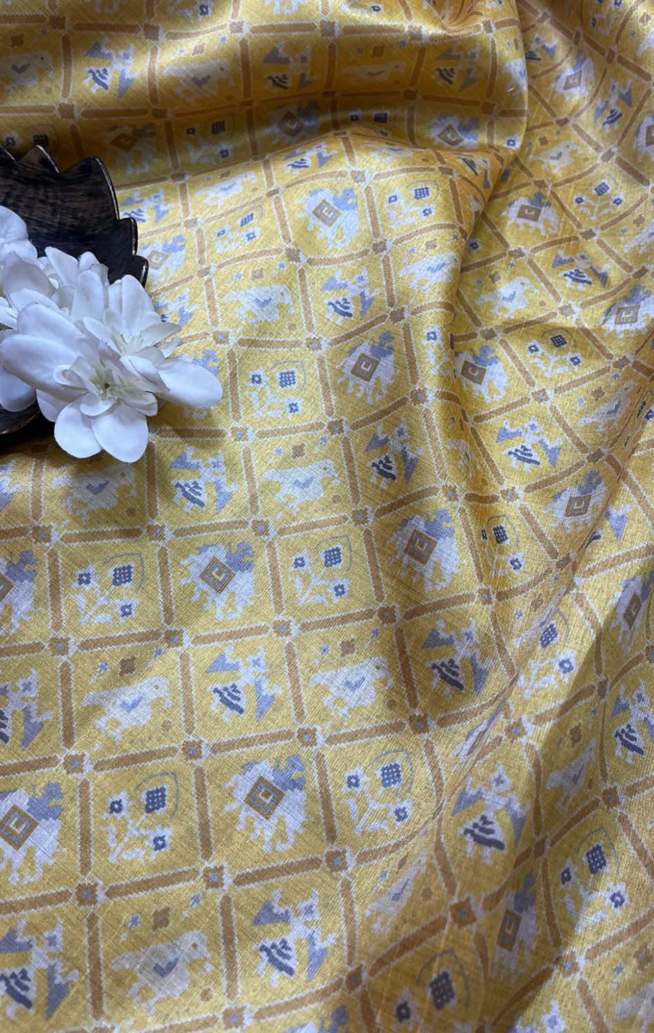 Yellow Digital Printed Patola Design Tussar Silk Fabric ( 1 Mtr ) - Luxurion World
