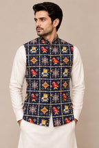 Blue Digital Print Tussar Silk Nehru Jacket  Patola Design Festive