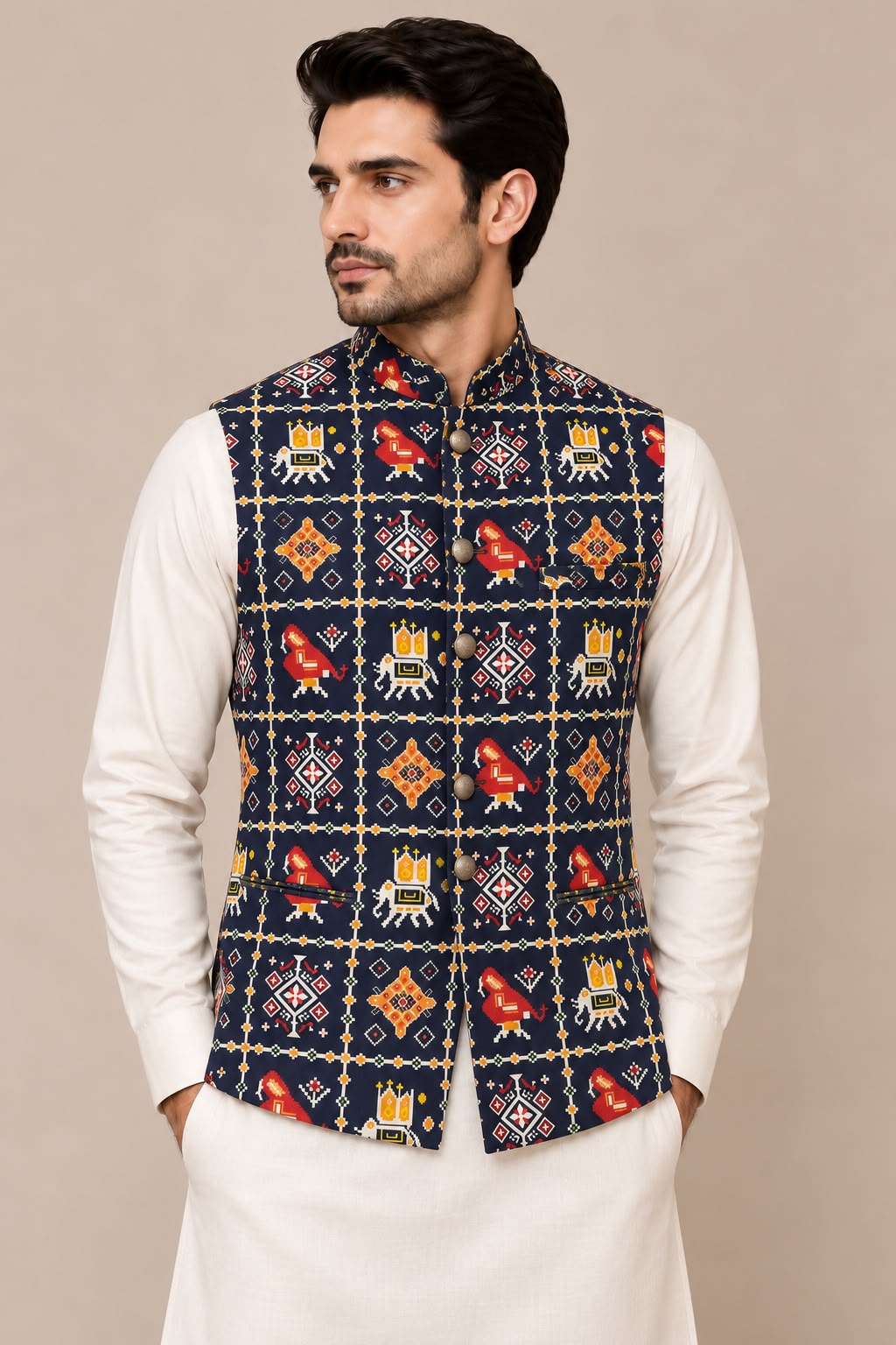 Blue Digital Print Tussar Silk Nehru Jacket  Patola Design Festive