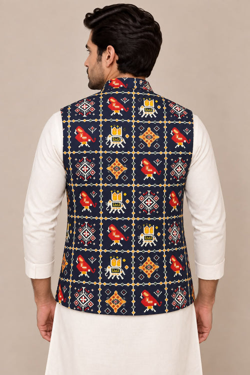 Blue Digital Print Tussar Silk Nehru Jacket  Patola Design Festive