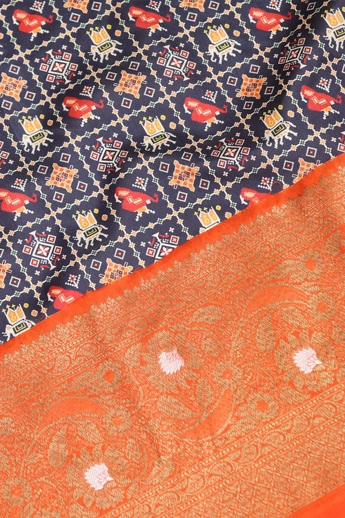 Blue Patola Tussar Silk Digital Print Fabric With Banarasi Border - Luxurion World