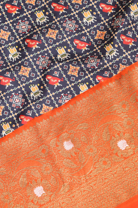 Blue Patola Tussar Silk Digital Print Fabric With Banarasi Border
