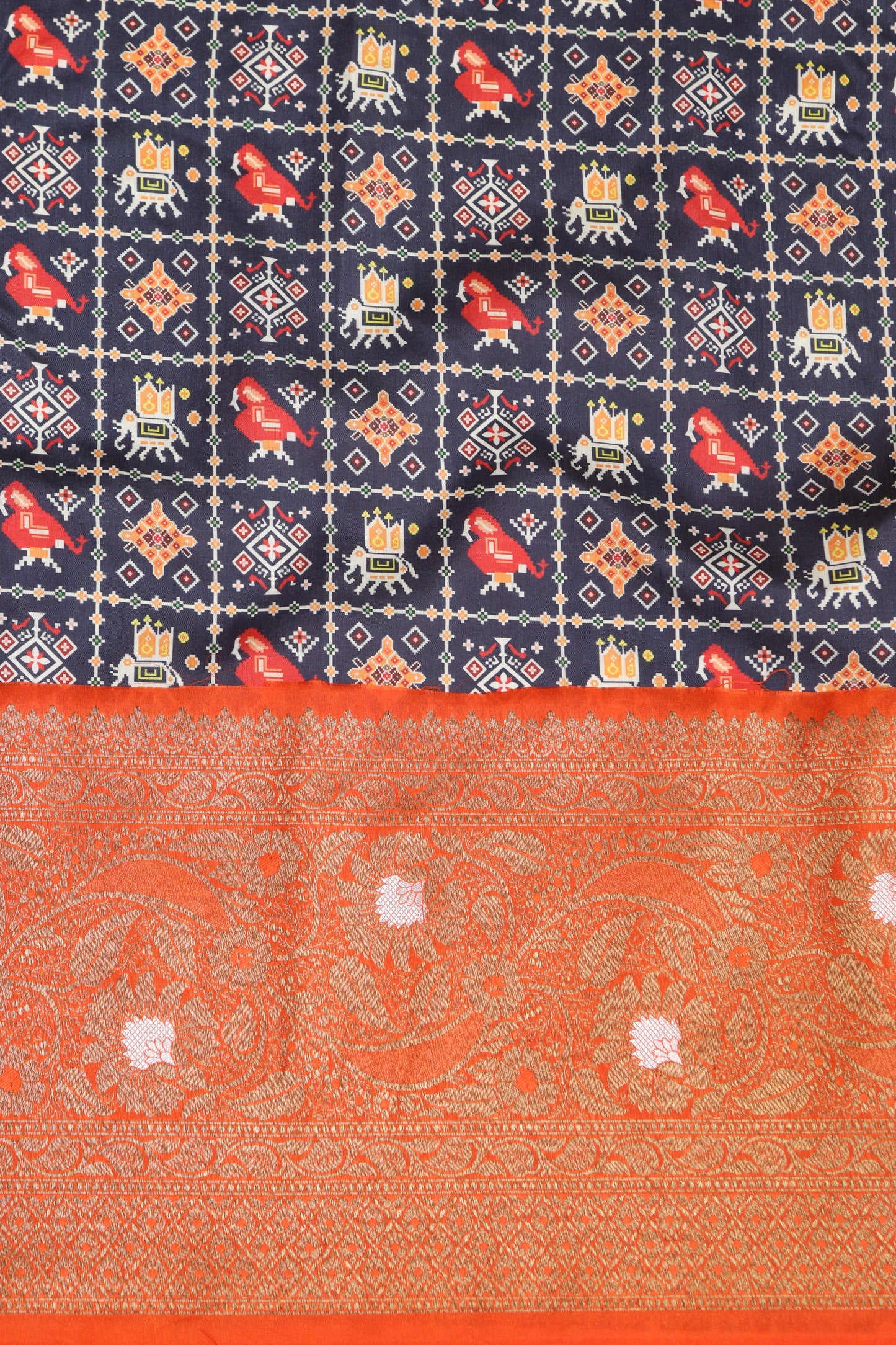 Blue Patola Tussar Silk Digital Print Fabric With Banarasi Border