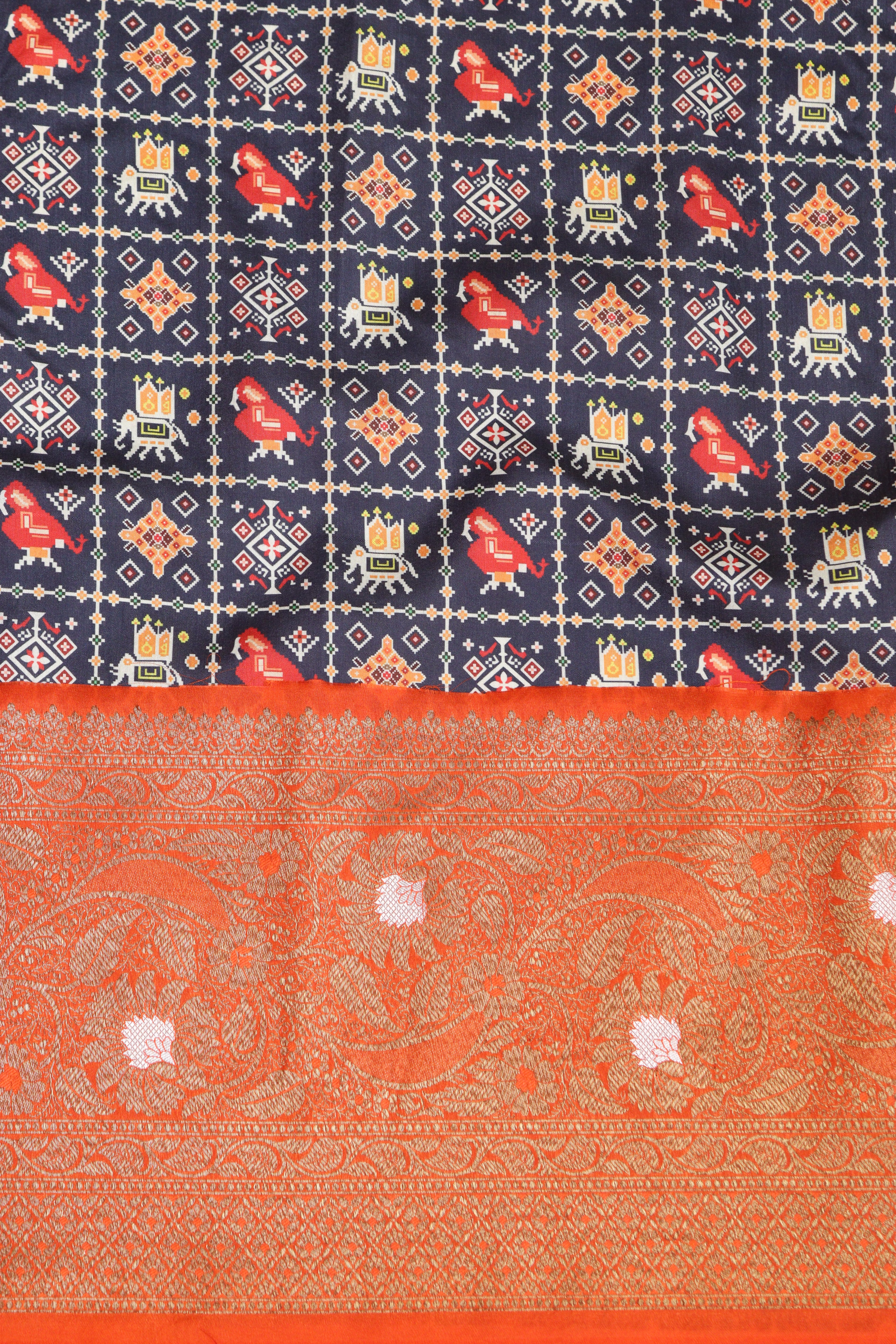 Blue Patola Tussar Silk Digital Print Fabric With Banarasi Border - Luxurion World