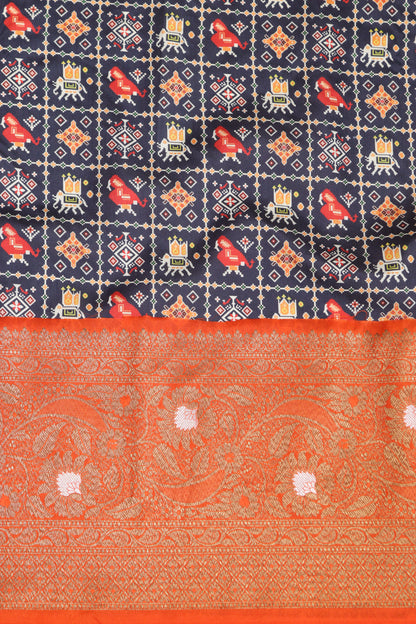 Blue Patola Tussar Silk Digital Print Fabric With Banarasi Border