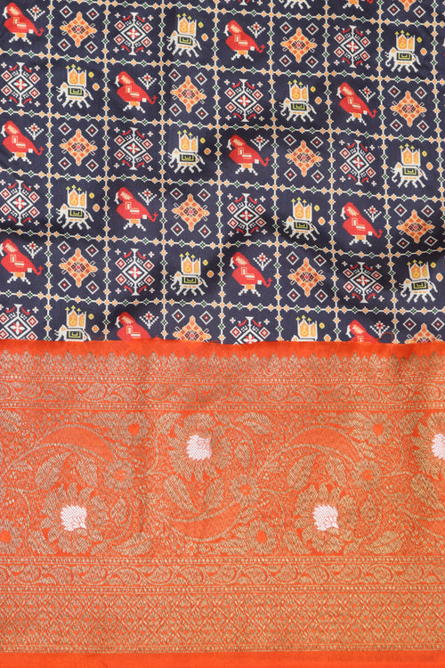 Blue Patola Tussar Silk Digital Print Fabric With Banarasi Border - Luxurion World