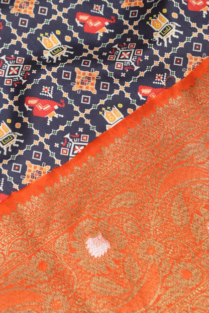 Blue Patola Tussar Silk Digital Print Fabric With Banarasi Border