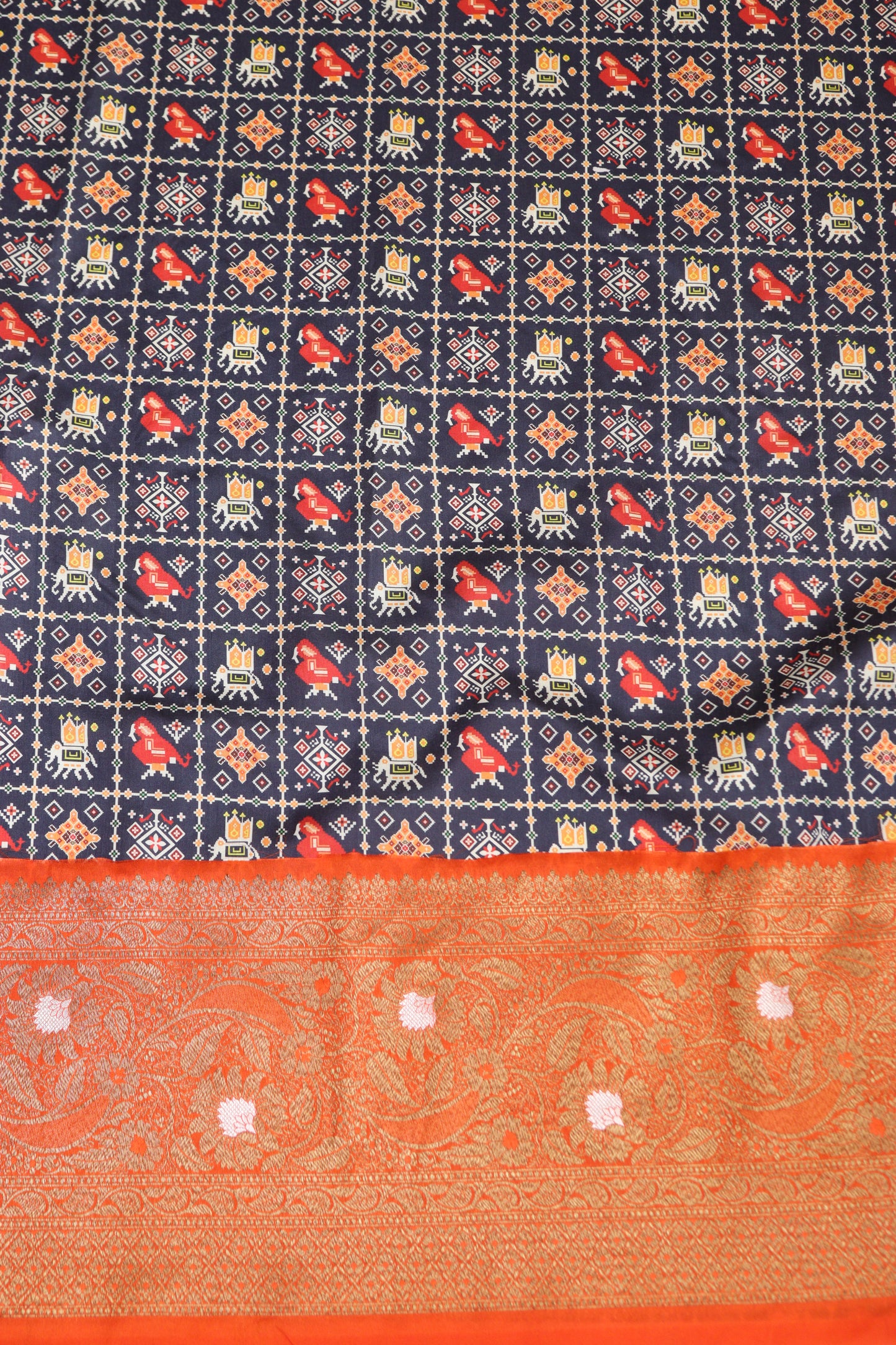 Blue Patola Tussar Silk Digital Print Fabric With Banarasi Border