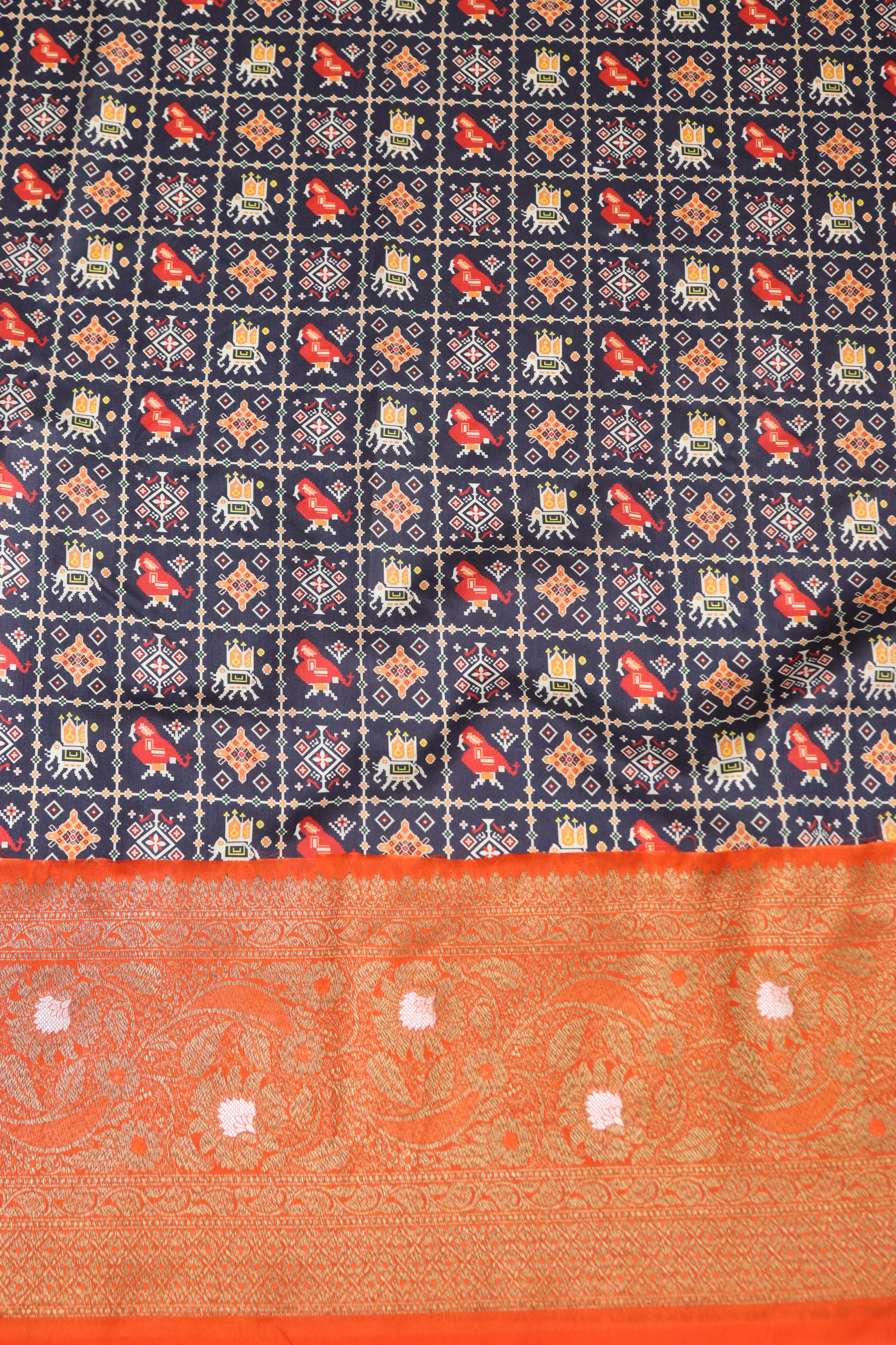 Blue Patola Tussar Silk Digital Print Fabric With Banarasi Border - Luxurion World