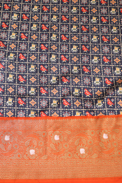 Blue Patola Tussar Silk Digital Print Fabric With Banarasi Border
