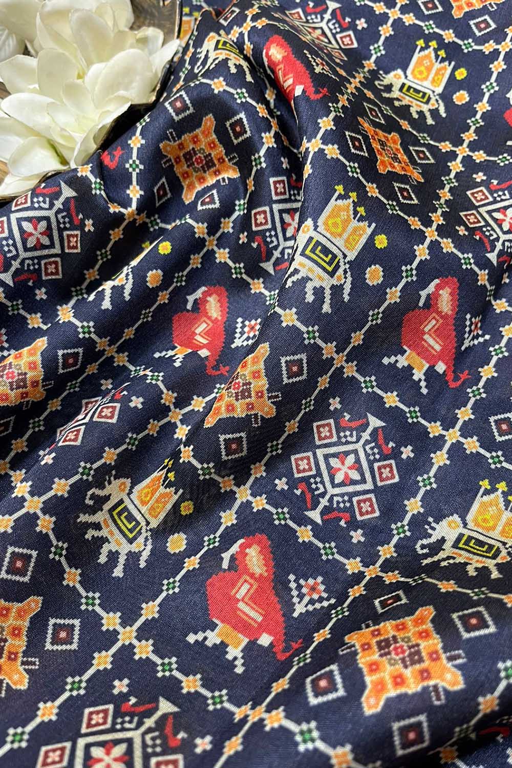 Blue Digital Printed Patola Design Tussar Silk Fabric ( 1 Mtr ) - Luxurion World