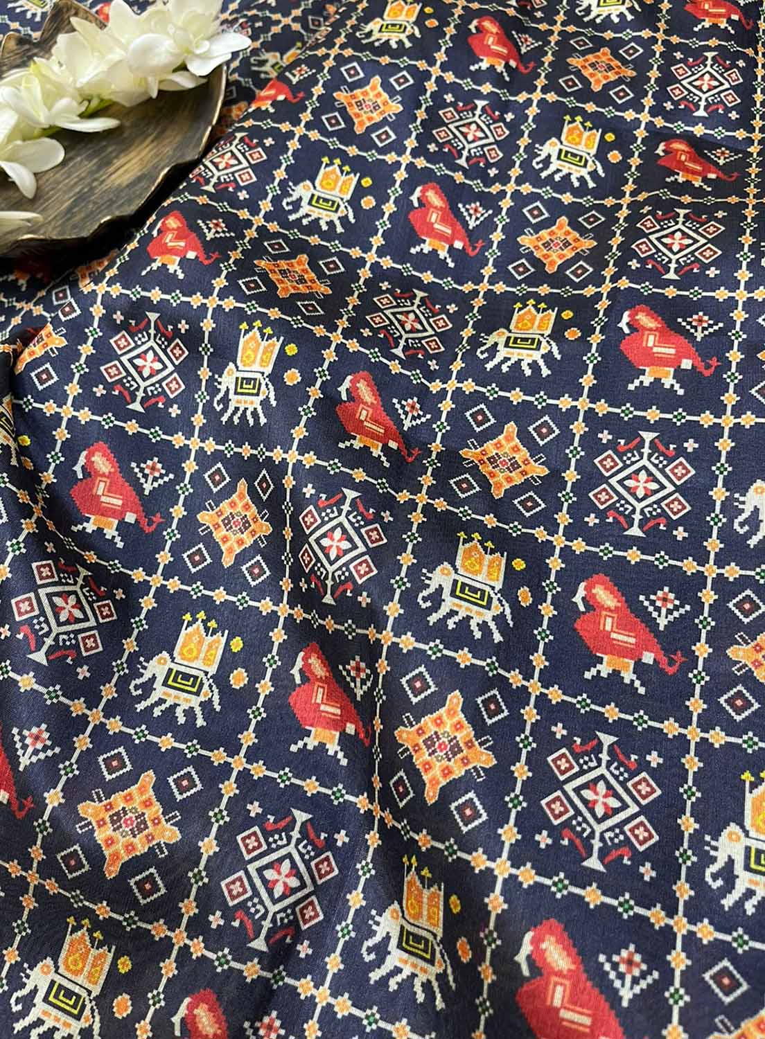 Blue Digital Printed Patola Design Tussar Silk Fabric ( 1 Mtr ) - Luxurion World