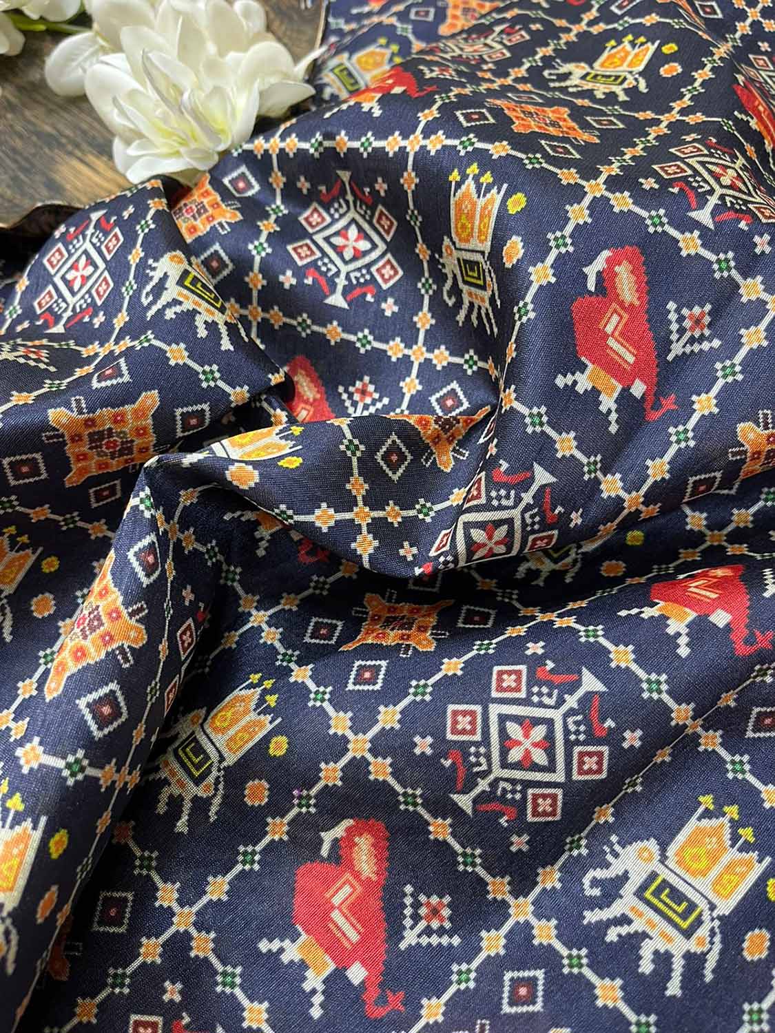 Blue Digital Printed Patola Design Tussar Silk Fabric ( 1 Mtr ) - Luxurion World