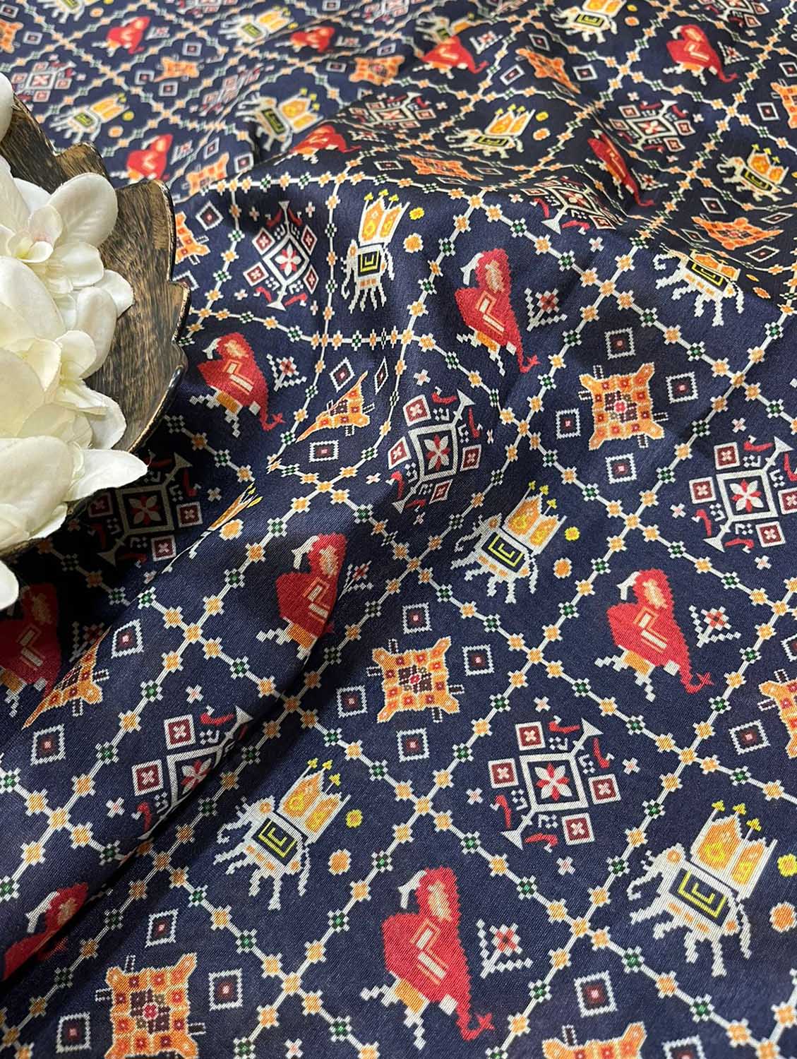Blue Digital Printed Patola Design Tussar Silk Fabric ( 1 Mtr ) - Luxurion World