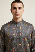 Grey Digital Printed Patola Design Tussar Silk Kurta - Luxurion World