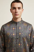 Grey Digital Printed Patola Design Tussar Silk Kurta - Luxurion World