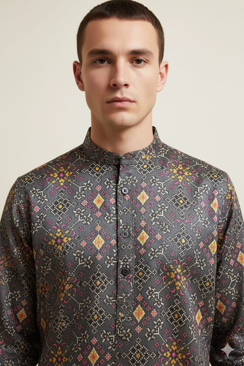 Grey Digital Printed Patola Design Tussar Silk Kurta - Luxurion World
