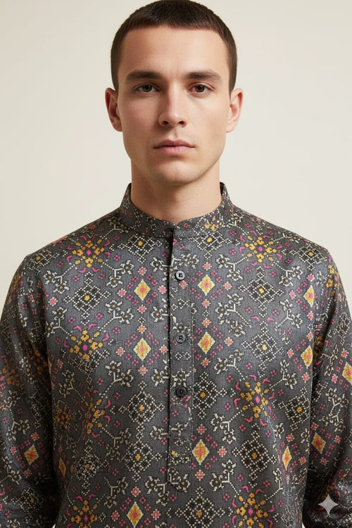 Grey Digital Printed Patola Design Tussar Silk Kurta - Luxurion World