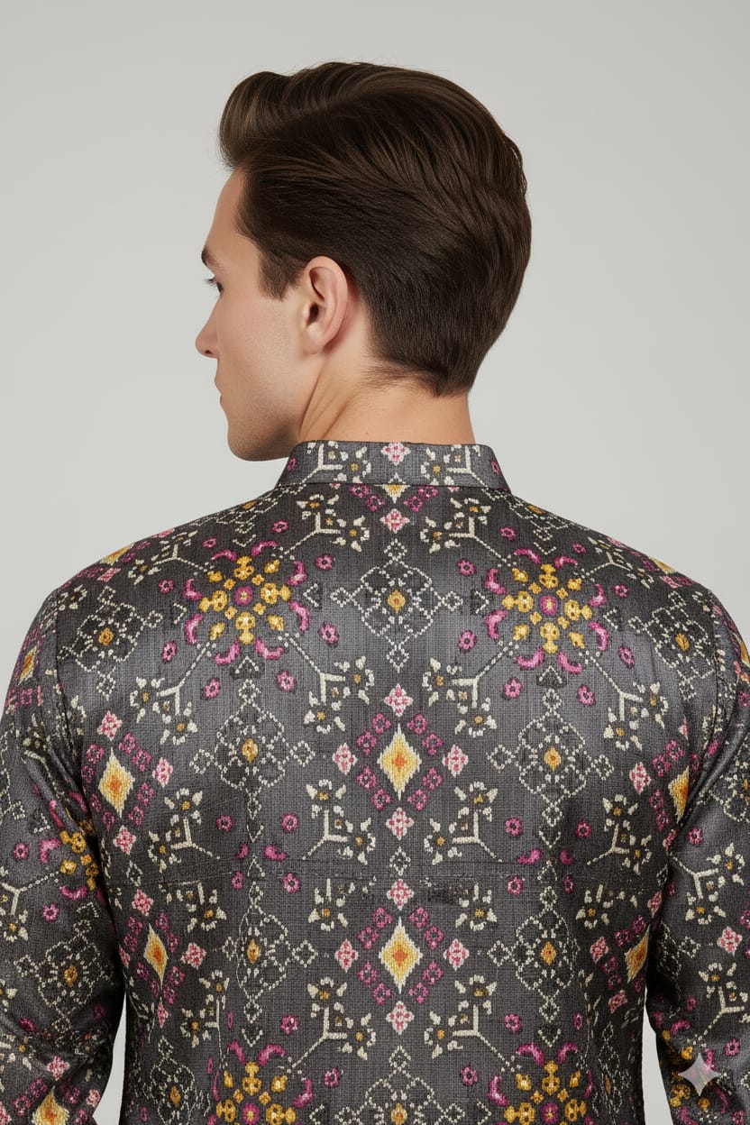 Grey Digital Printed Patola Design Tussar Silk Kurta - Luxurion World