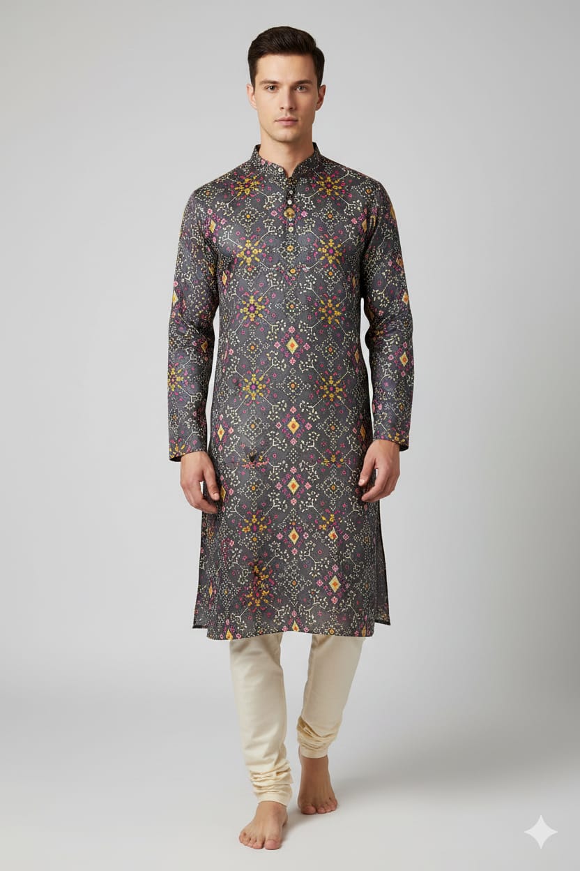 Grey Digital Printed Patola Design Tussar Silk Kurta - Luxurion World