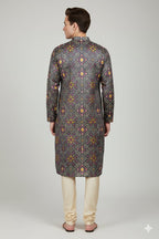Grey Digital Printed Patola Design Tussar Silk Kurta - Luxurion World